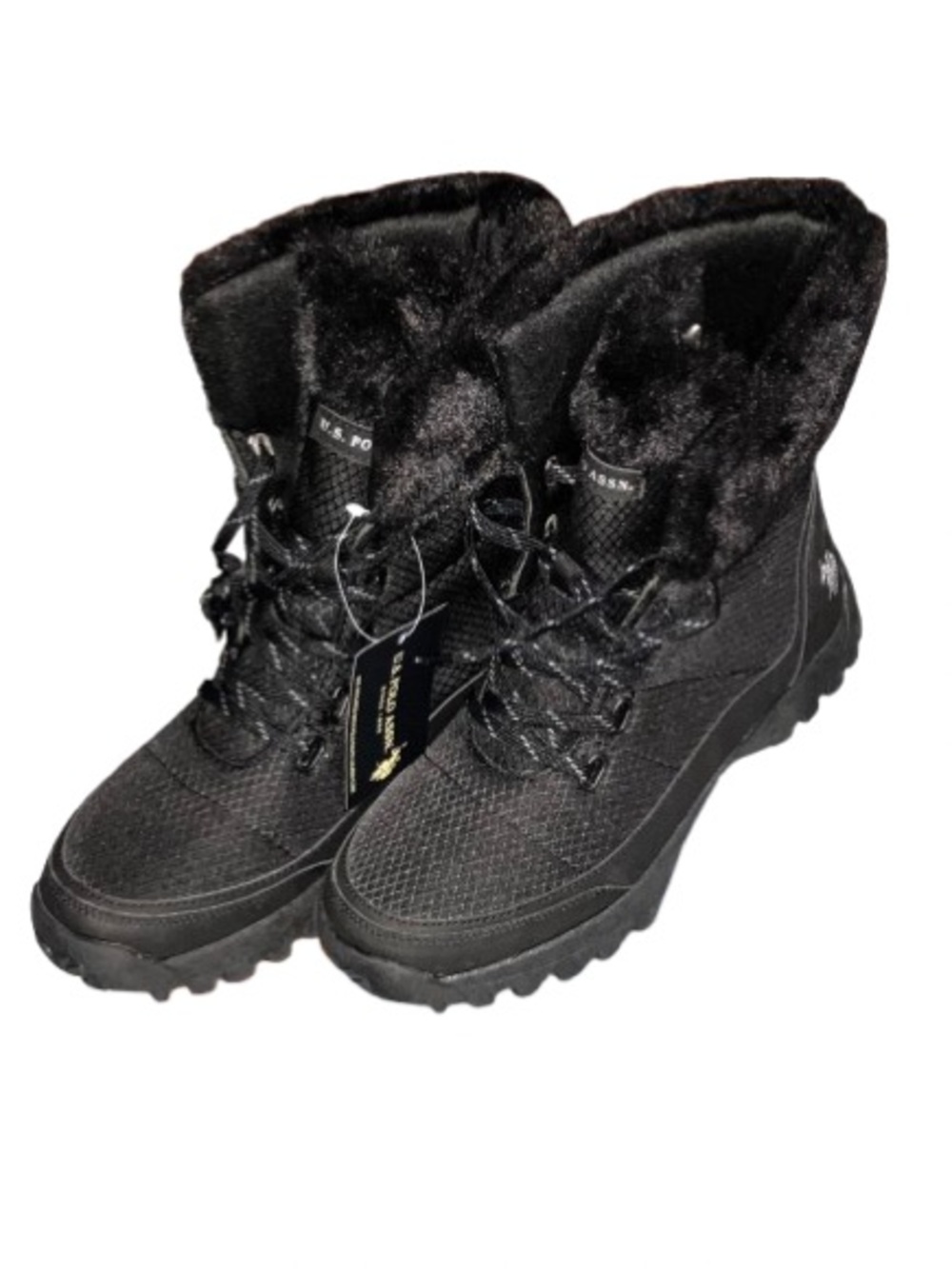 New With Tags U.S. Polo Assn. Women's Black Faux-Fur Trim Winter Lace-Up Boots